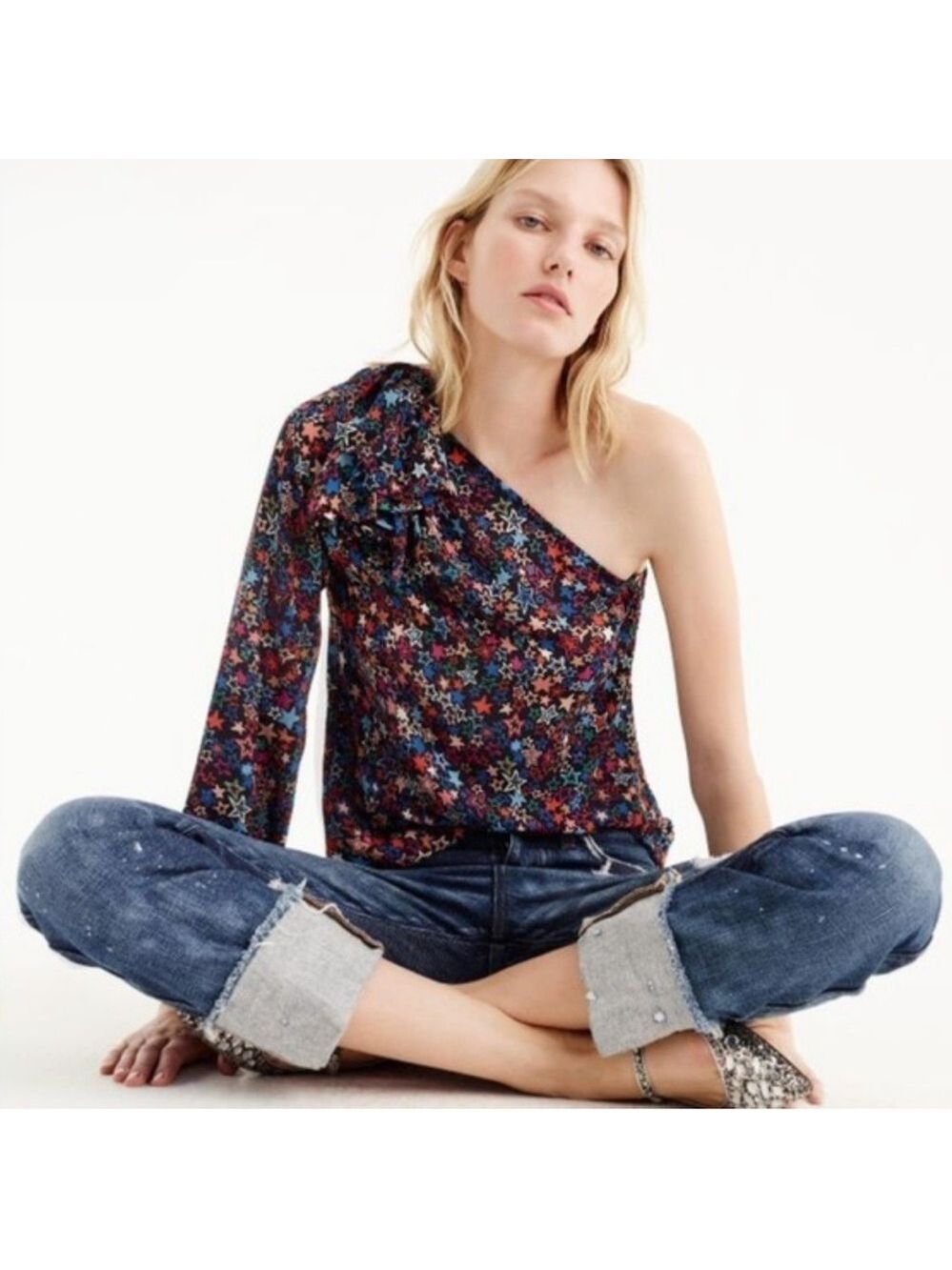 J. Crew One Shoulder Top in Kaleidoscope Star Print Bow Shoulder Detail Size 00